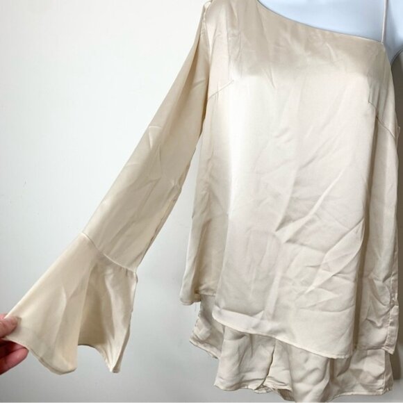 Sabo Skirt Luxe Satin Romper One Shoulder Flare Long Sleeve Playsuit Jumpsuit - Picture 10 of 16